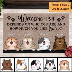 a welcome mat with four cats on it