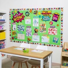 a bulletin board with lots of stickers on it in a child's room