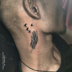 Neck tattoo ideas | Neck Tattoo design | Feather and birds tattoo designs Feather Tattoo Men Neck, Neck Feather Tattoo, Feather Tattoo On Neck, Birds Tattoo On Neck, Feather And Birds Tattoo, Feather Tattoo Men, Mens Neck Tattoos, Bird Tattoo Neck, Tattoo On Neck