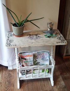 a small table with magazines and a potted plant