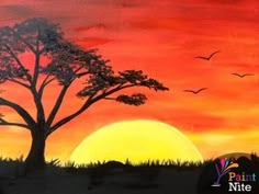 a painting of a sunset with trees and birds in the sky, painted by paint nite