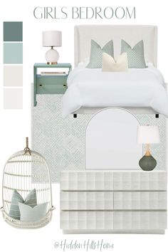 Green and Cream Girls Bedroom Design Board Cream Girls Bedroom, Girls Bedroom Teal, Green Bedroom Decor, Girl Room Inspiration, Teal Bedroom