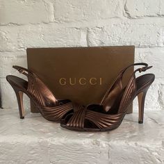 Gucci Sling Back Pump Heels, Worn To Try On Inside My House And That’s It. New With Shoe Bags, Certificate And Box. Lovely Chocolate Brown Gucci Sling, Sling Back Heels, Shoes Gucci, Pump Heels, Shoe Bags, Sling Back, Gucci Shoes, My House, Try On