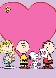 a group of cartoon characters standing in front of a heart