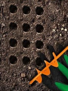 gardening tools laying on the ground next to holes