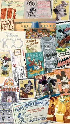 mickey mouse postcards are stacked on top of each other in this collage,