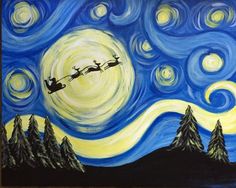 a painting of santa's sleigh flying over the night sky