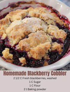 homemade blackberry cobbler recipe in a white bowl