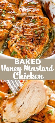 baked honey mustard chicken in a white casserole dish with a fork and text overlay that reads baked honey mustard chicken