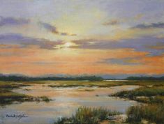 an oil painting of a sunset over a marsh