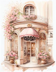 a painting of a store front with pink flowers on it