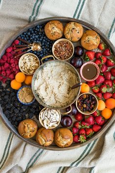 a platter filled with fruit, muffins and other foods