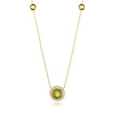 Ross-Simons - 2.50ct t. w. Peridot Station Necklace, .12ct t. w. Diamonds. 16". Showcasing its splashy citrus hue, a shimmery 1.50 carat peridot round anchors this elegant necklace from within a sparkling halo of .12 ct. t. w. round diamonds. Crafted in polished 14kt yellow gold with 1.00 ct. t. w. peridot rounds stationed along a classic rope chain. Includes a 2" extender. Springring clasp, diamond and peridot necklace. Peridot birthstones are the perfect gift for August birthdays. Yellow Round Necklaces With Diamond Accents, Green Round Diamond Cut Necklace, August Birthdays, Peridot Birthstone, Peridot Color, Graduation Jewelry, 16 Inch Necklace, Peridot Jewelry, Peridot Necklace