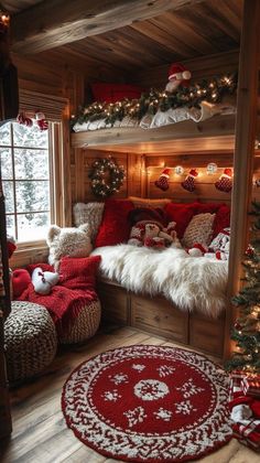 a bedroom decorated for christmas with red and white decorations on the bed, rugs and pillows