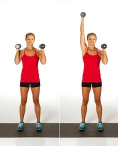 a woman in red shirt holding two dumbbells while standing next to each other