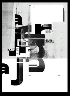 an abstract black and white poster with letters