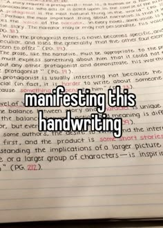 an open book with writing on it and the words manfesting this handwriting written in red