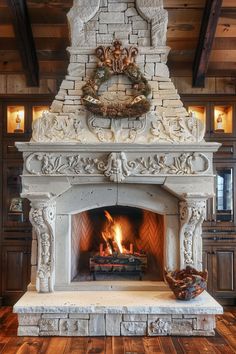 a fireplace with a wreath on top of it