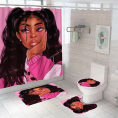 Beauty Girl Shower Curtain Thick Bathroom Rug Bath Mat Non-Slip Toilet Lid Cover-Shower Curtain+3Pcs Mat-Free Shipping at meselling99 Girls Bathroom Shower Curtain, Bathroom Toilet Room, Girl Shower Curtain, Toilet Size, Girl Bathroom, Curtains For Bathroom, Bathroom Shower Curtain Sets, Thick Curtains