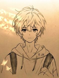 a drawing of an anime boy with blonde hair and blue eyes wearing a hoodie