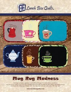 an advertisement for the lunch box quilts, featuring mugs and teapots