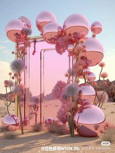 an artistic scene with pink flowers and giant mirrors in the desert, as if it were floating or floating on water