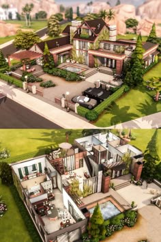 two renderings of a large house in the middle of a green area with trees and bushes