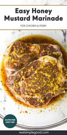 easy honey mustard marinade for chicken and pork on a white plate with text overlay