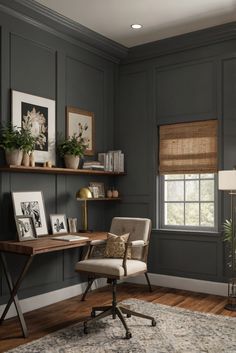 home interior design, interior design space planning, kitchen designs, living room interior Office Ideas Dark Wood Desk, Vintage Office Paint Colors, Office Space Colors, Grey Walls Office, Office Color Palette Work Spaces, Black And Tan Office, Home Office Dark Walls, Small Home Office For Men