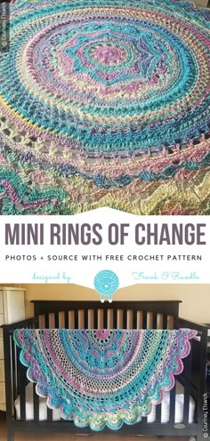 a crocheted blanket with the words, mini rings of change on it in front of