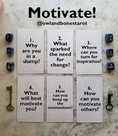 four cards with words that say motivvate and what are you supposed to change?