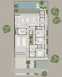 an aerial view of the ground plan for a house with two pools and palm trees