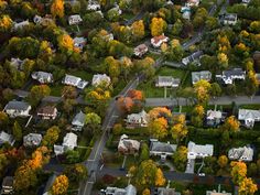 an aerial view of houses and trees in the fall