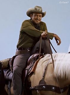 a man sitting on top of a horse wearing a cowboy hat and holding the reins