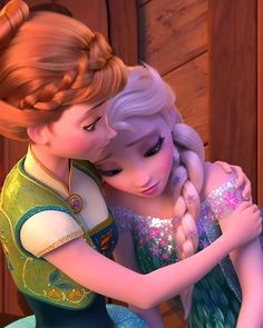 two cartoon characters hugging each other in front of a wooden wall, one is wearing a green dress and the other has blonde hair