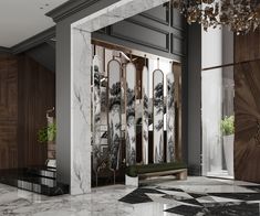 an elegant lobby with marble floors and walls