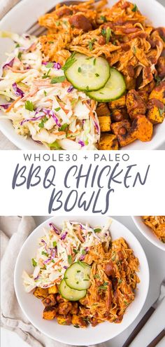 three bowls filled with pulled bbq chicken and coleslaw slaw salads