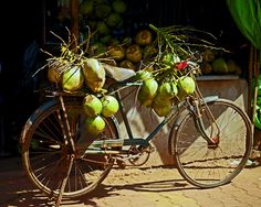 a bicycle with fruit on the back parked in front of a store