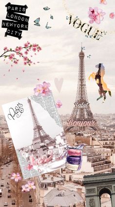 the eiffel tower in paris is surrounded by pink flowers and other things that are flying around