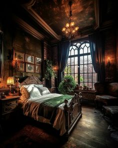 a bedroom with a large bed in front of a window and a chandelier hanging from the ceiling