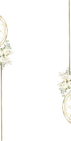 two gold poles with white flowers and greenery on them, against a white background