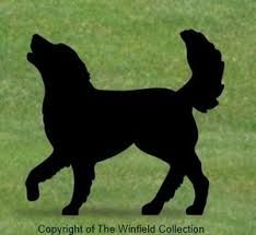 a black silhouette of a dog standing on top of a green grass covered field,