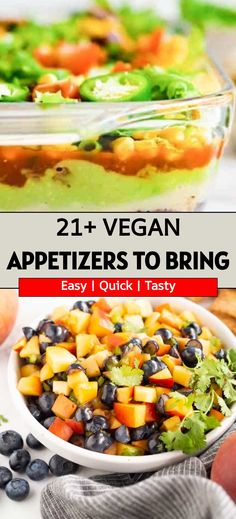 an image of a salad in a bowl with the words 21 + vegan appetizers to bring