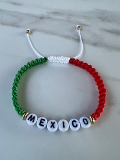 Mexico flag bracelet  Returns & exchanges  NOT ACCEPTED  But please contact me if you have problems with your order. Mexican Protection Bracelet, Mexican Bracelets Supplies, Mexican Flag Jewelry, Mexican Bracelets Boy, Mexican Bracelets On Arm, Clay Bead Bracelet Ideas Mexican, Mexican String Bracelets, Mexican Style Bracelets, Hispanic Bracelets