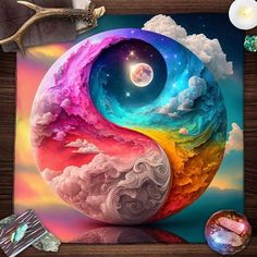 a colorful painting with clouds and a moon in the center on a wooden table next to candles