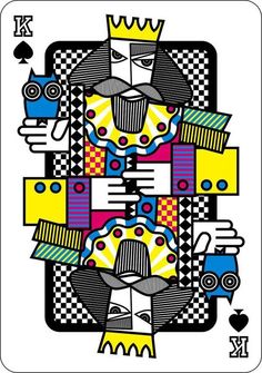 the king of spades playing card is shown in black and white, with colorful designs on