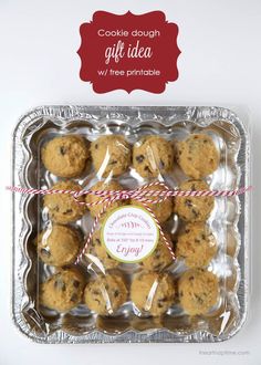 cookie dough gift idea with free printable tag on packaging paper and packaged in plastic container