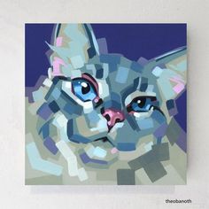 a painting of a cat with blue eyes