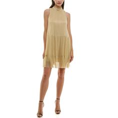 Content: 77% Polyester / 23% Metallic Style: 58630MA Sleeveless, pleated dress with three tiers, sheer hem, mock neck and keyhole back. Metallic Style, Tiered Mini Dress, Jumpsuit Jacket, Panel Dress, Maxi Dresses Casual, Gold Dress, Metal Style, Pleated Dress, Metallic Gold