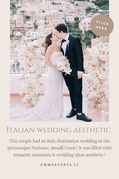 a bride and groom kissing in front of a floral backdrop with the caption italian wedding aesthetic